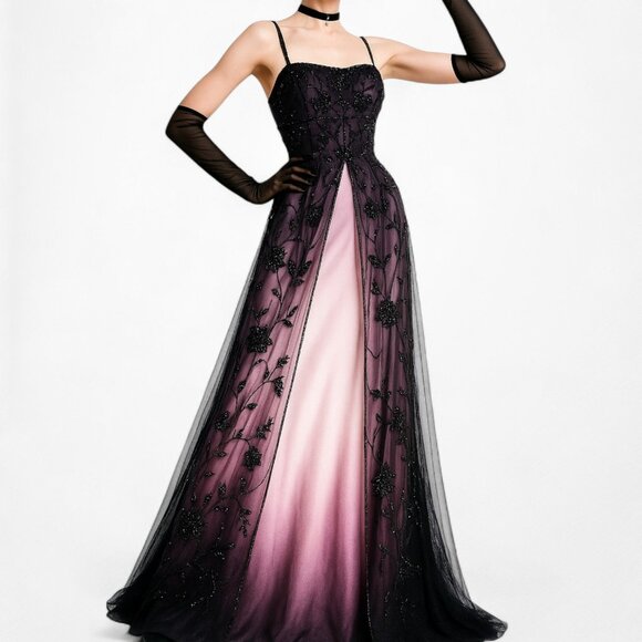 Vintage Plum Brown Floral Beaded Satin Gradient Mesh Maxi Prom Dress Size S - Picture 1 of 11